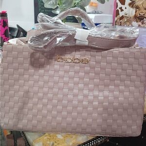 bebe Blush Pink Woven Satchel with Gold Logo